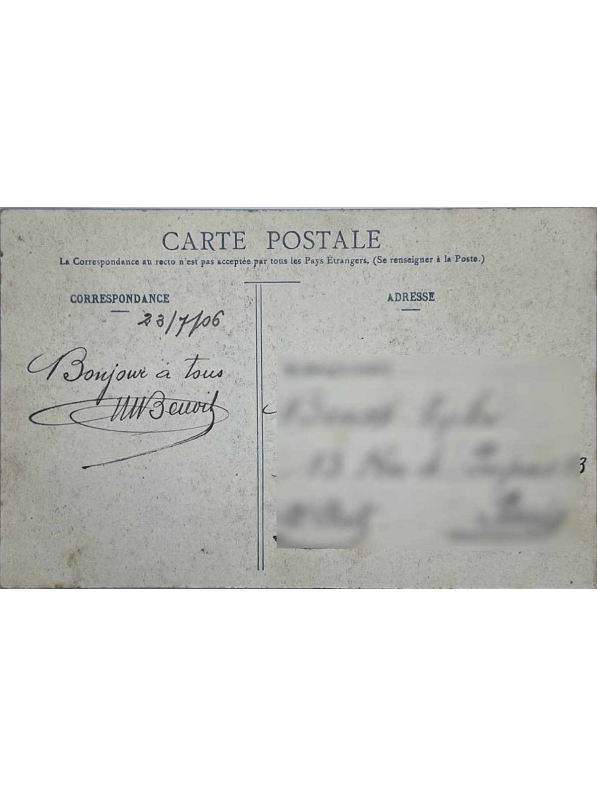 Verso de la carte postale