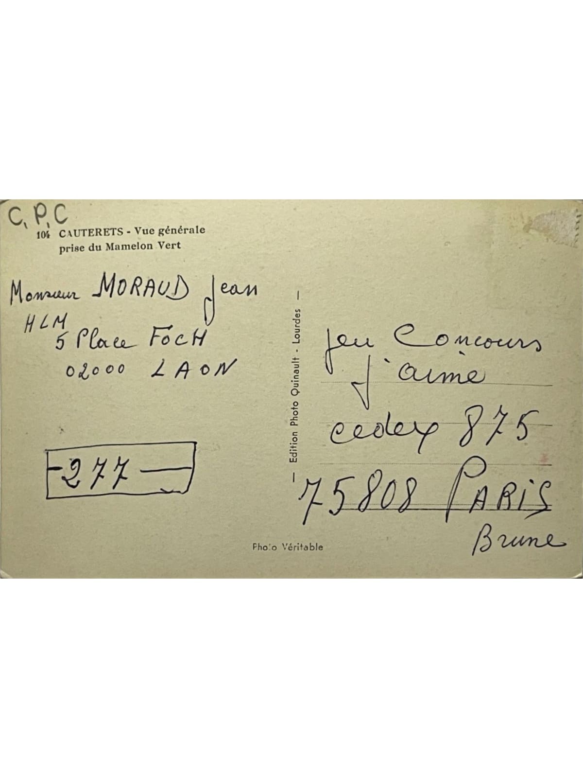 Verso de la carte postale