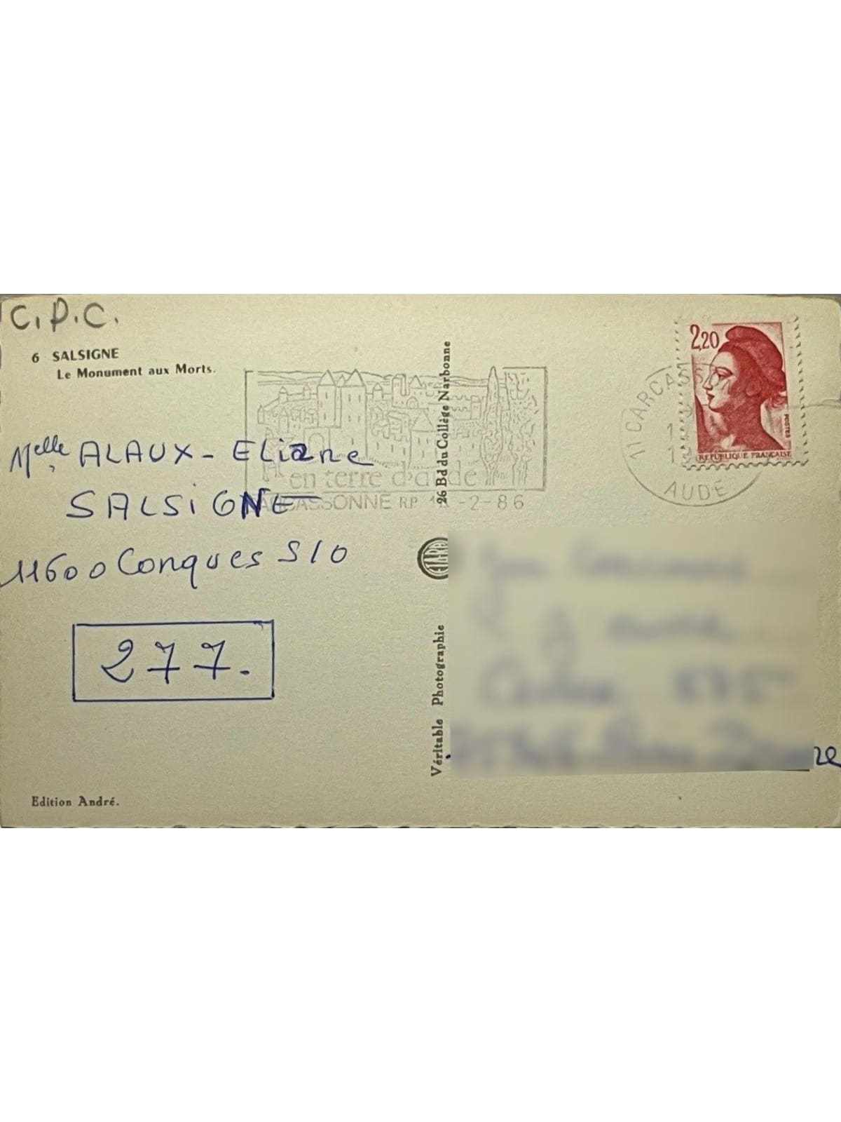 Verso de la carte postale