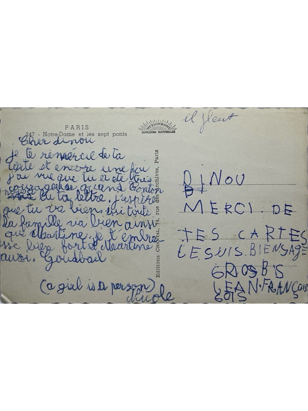 Verso de la carte postale