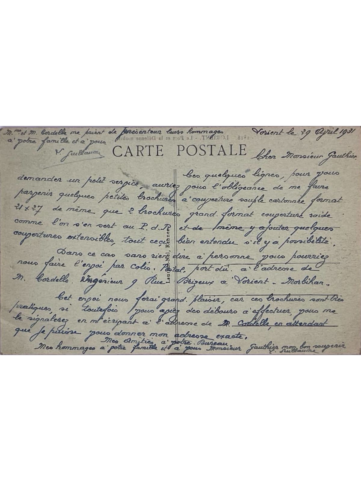Verso de la carte postale