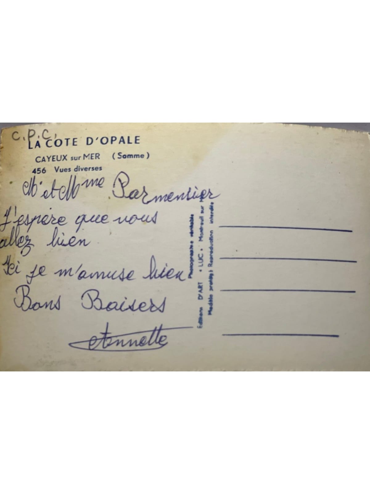 Verso de la carte postale