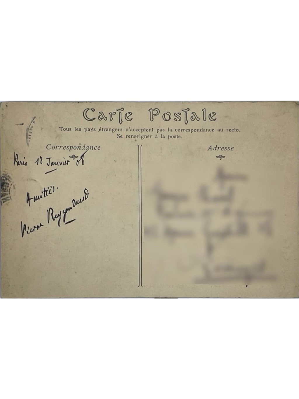 Verso de la carte postale