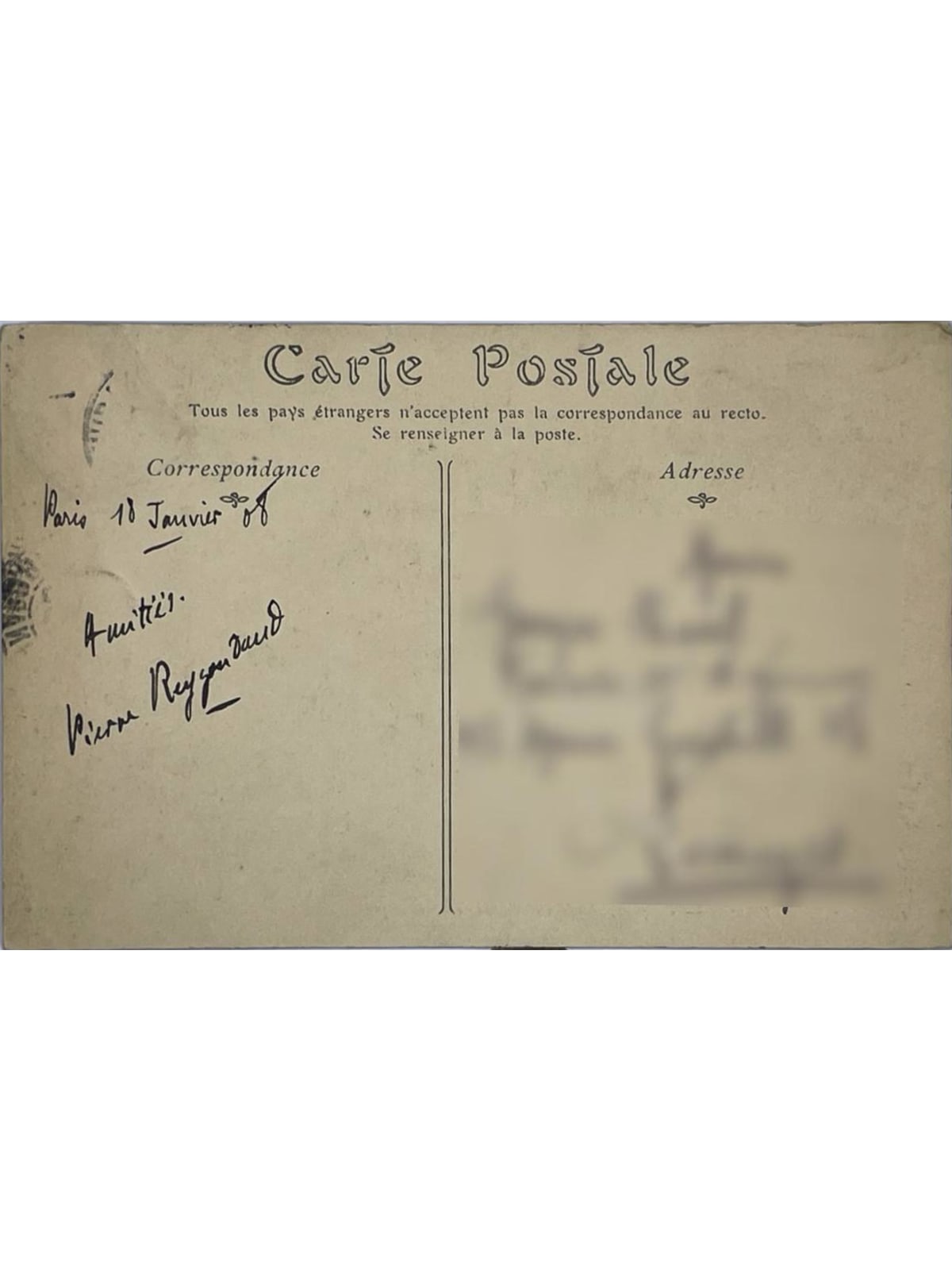 Verso de la carte postale