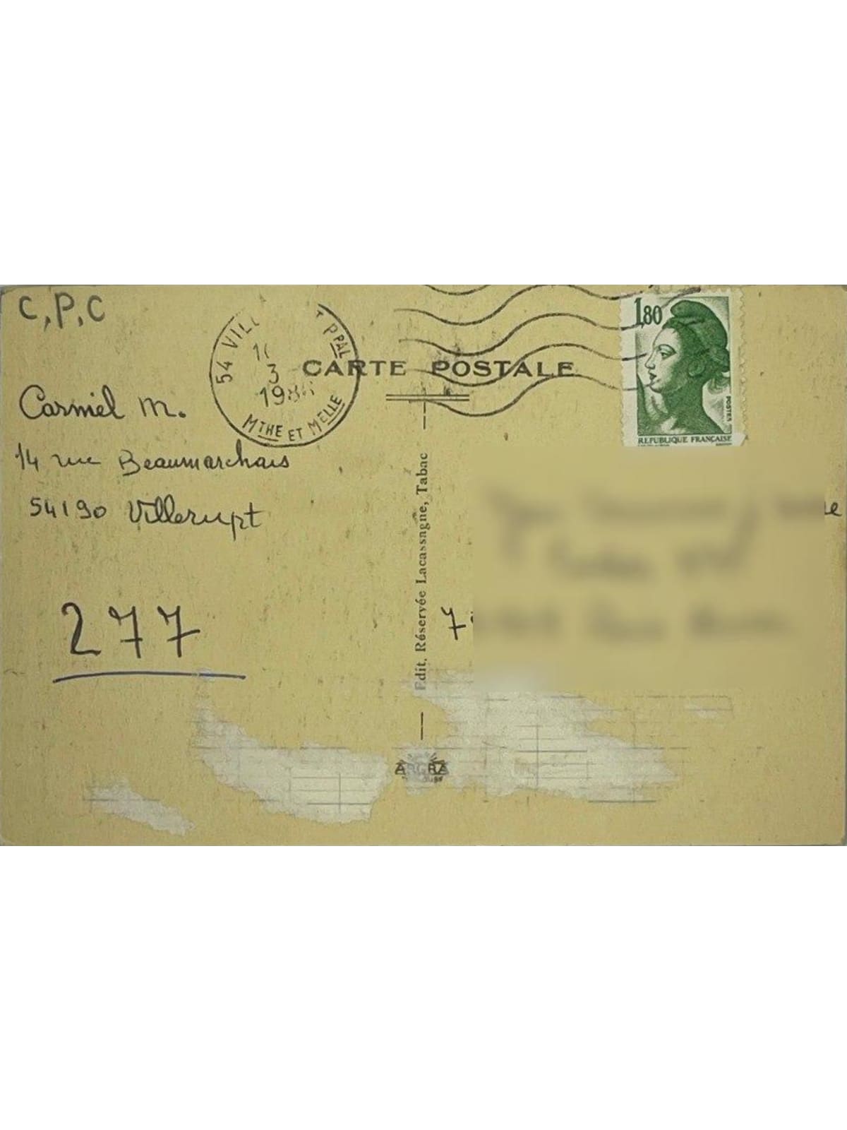Verso de la carte postale