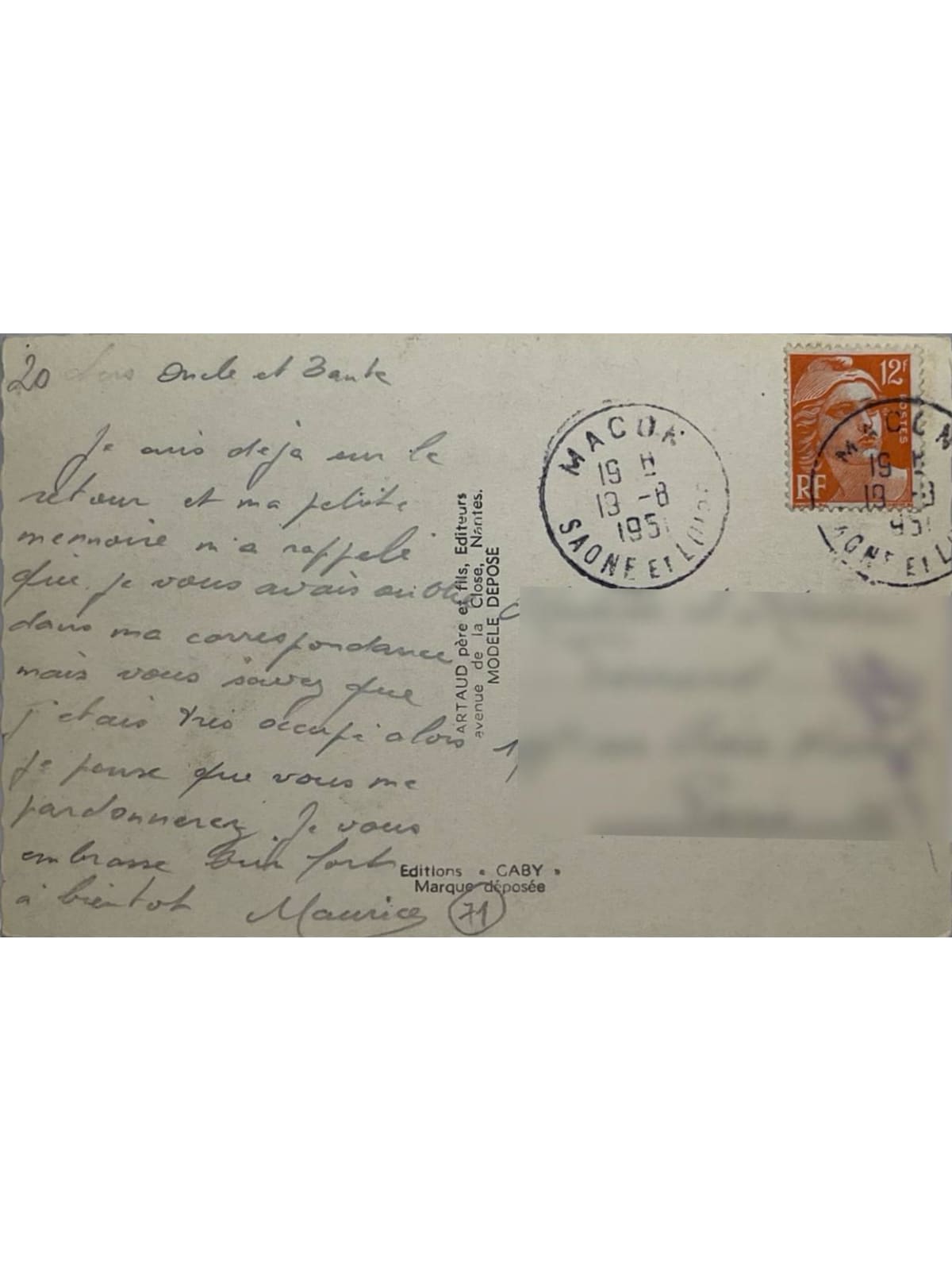 Verso de la carte postale