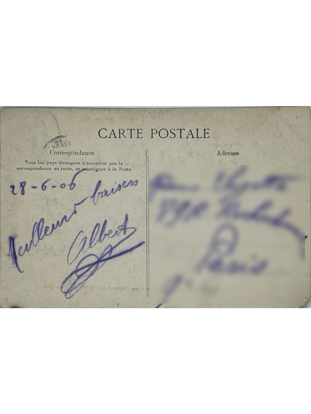 Verso de la carte postale