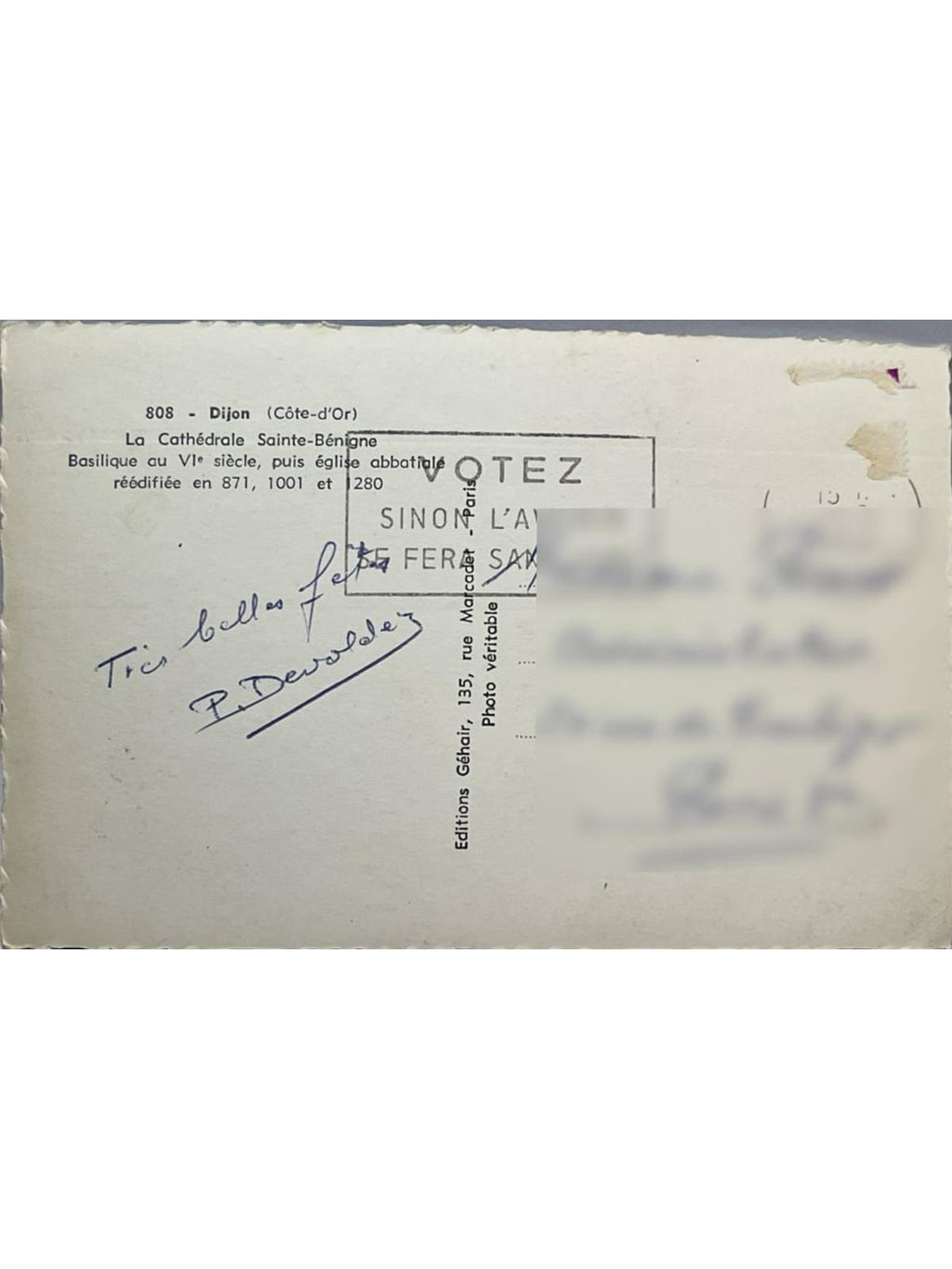 Verso de la carte postale