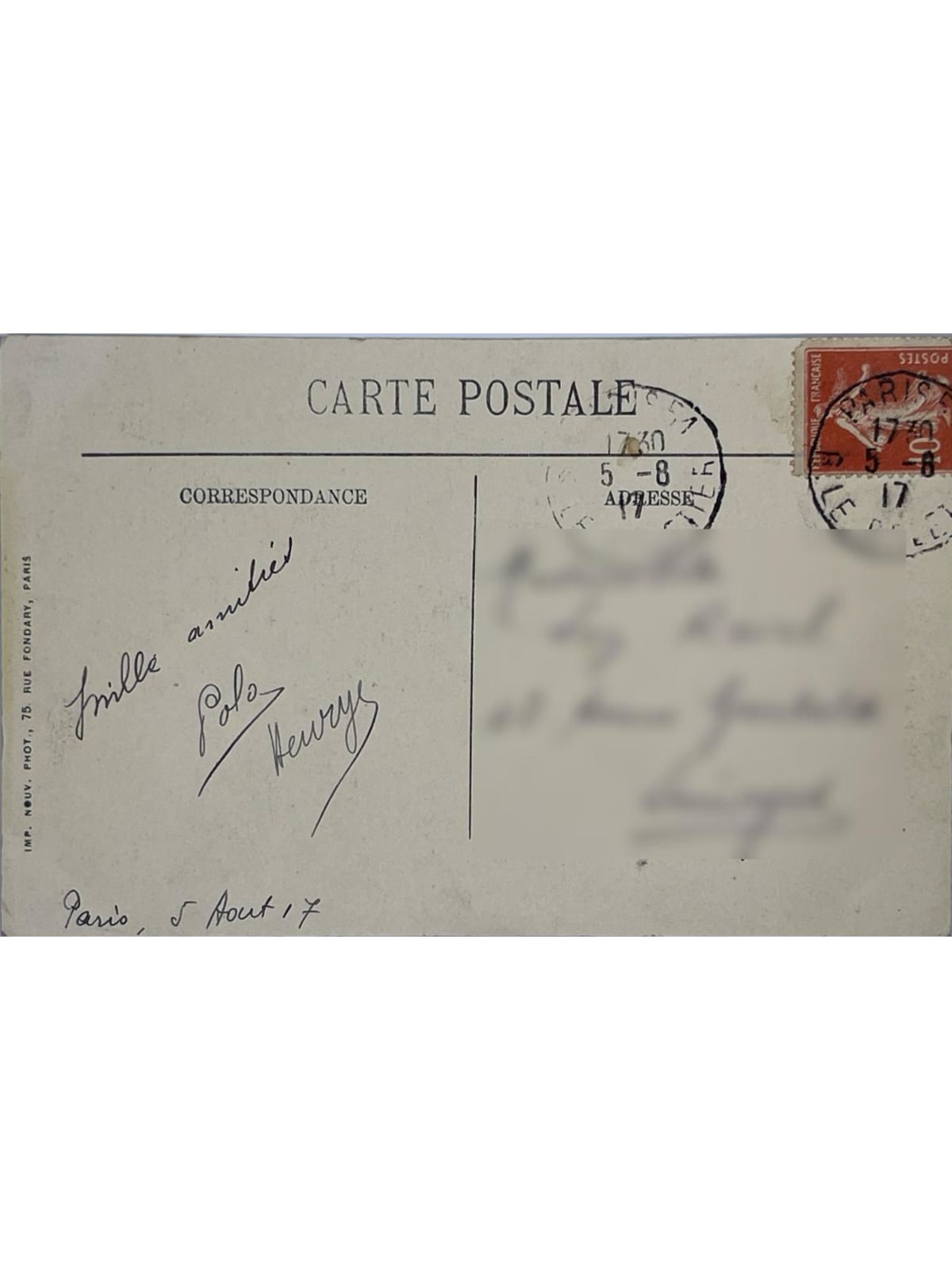 Verso de la carte postale