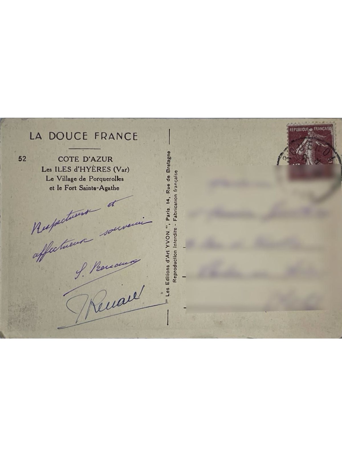 Verso de la carte postale