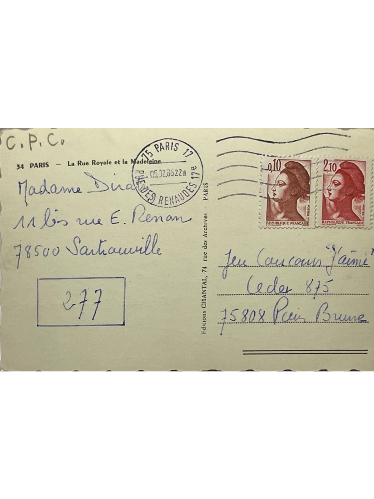 Verso de la carte postale