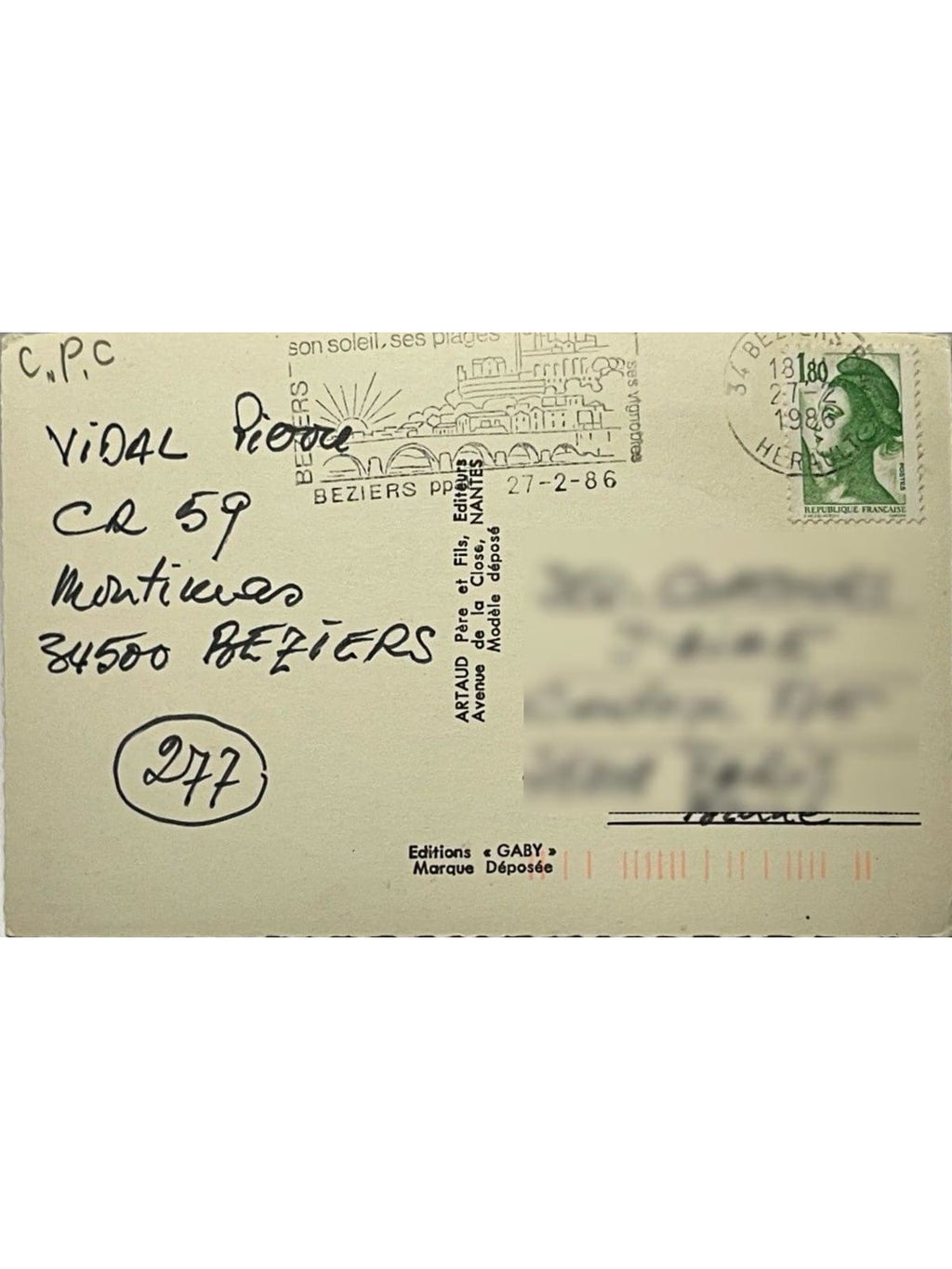 Verso de la carte postale