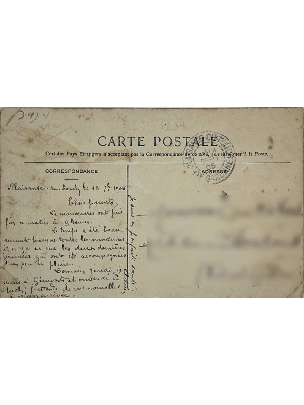 Verso de la carte postale