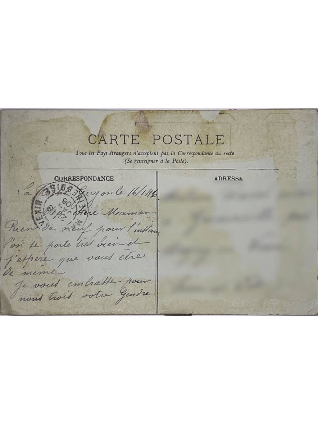 Verso de la carte postale