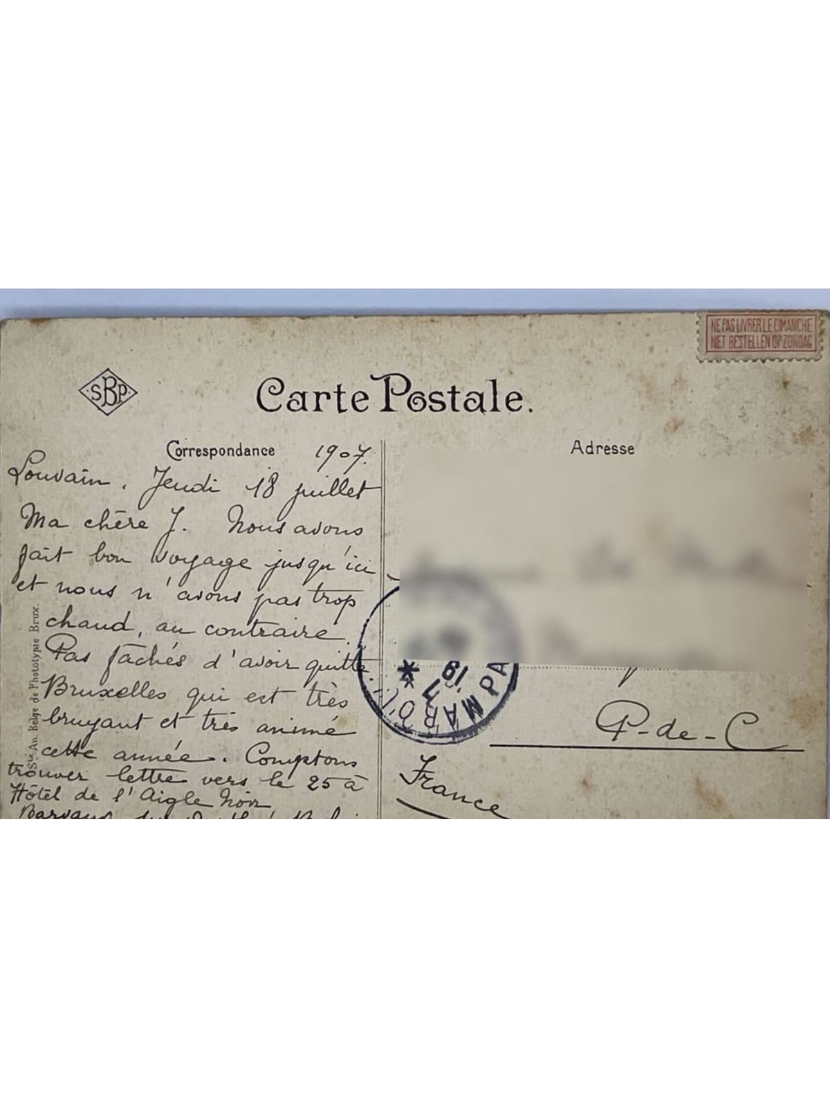 Verso de la carte postale