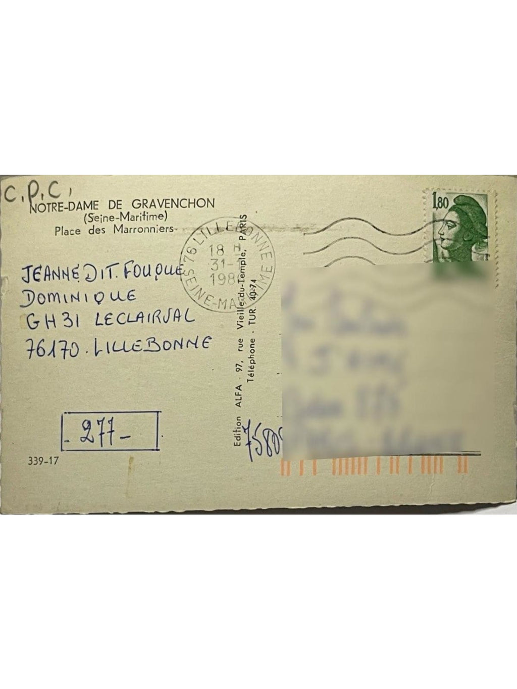 Verso de la carte postale