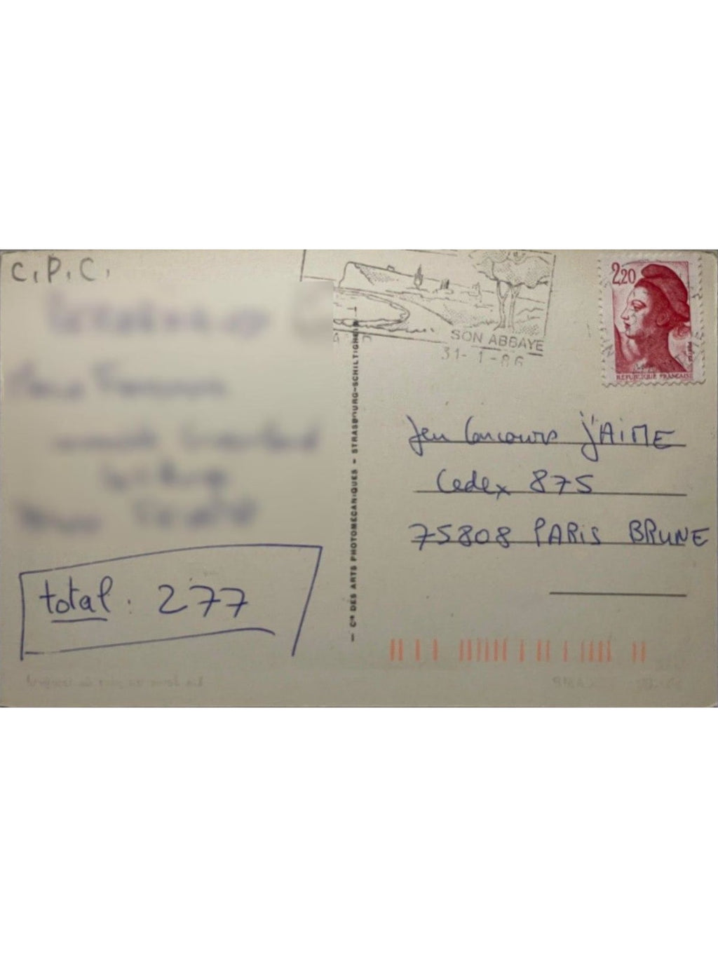 Verso de la carte postale