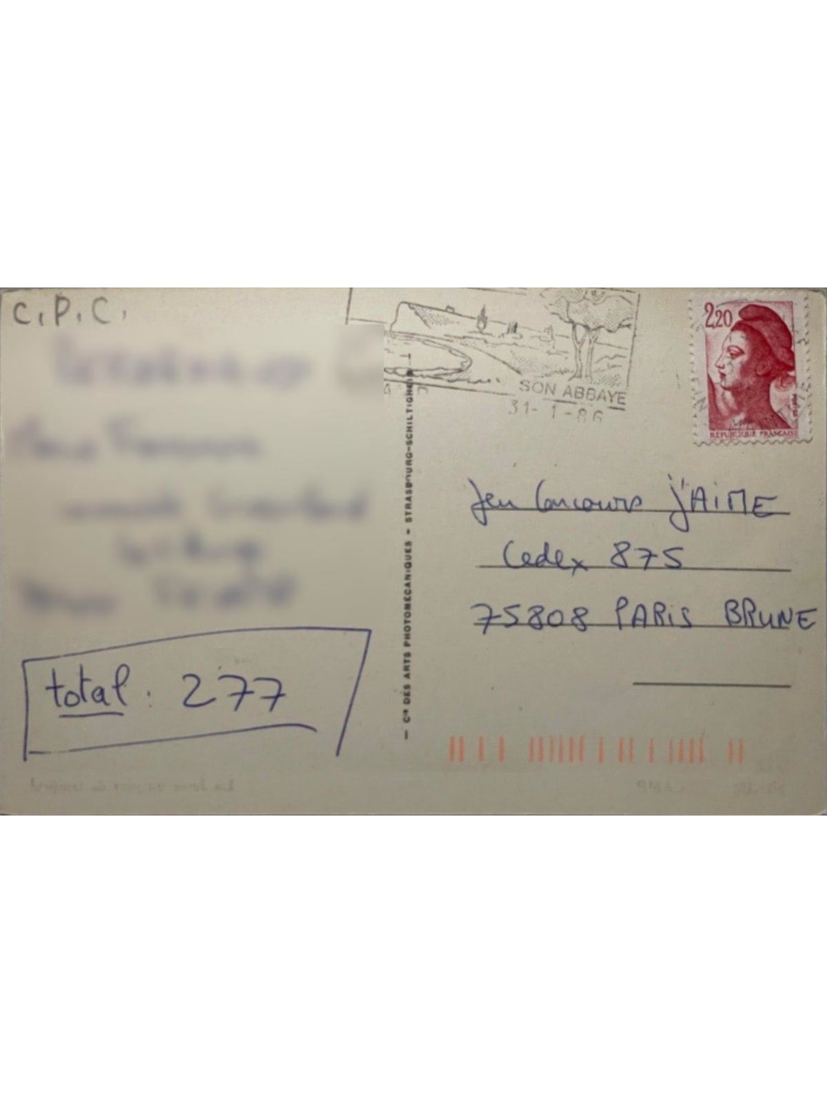 Verso de la carte postale