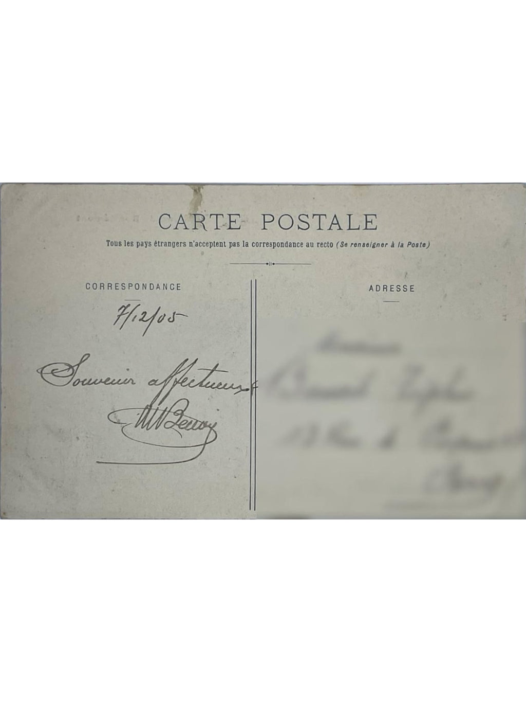 Verso de la carte postale