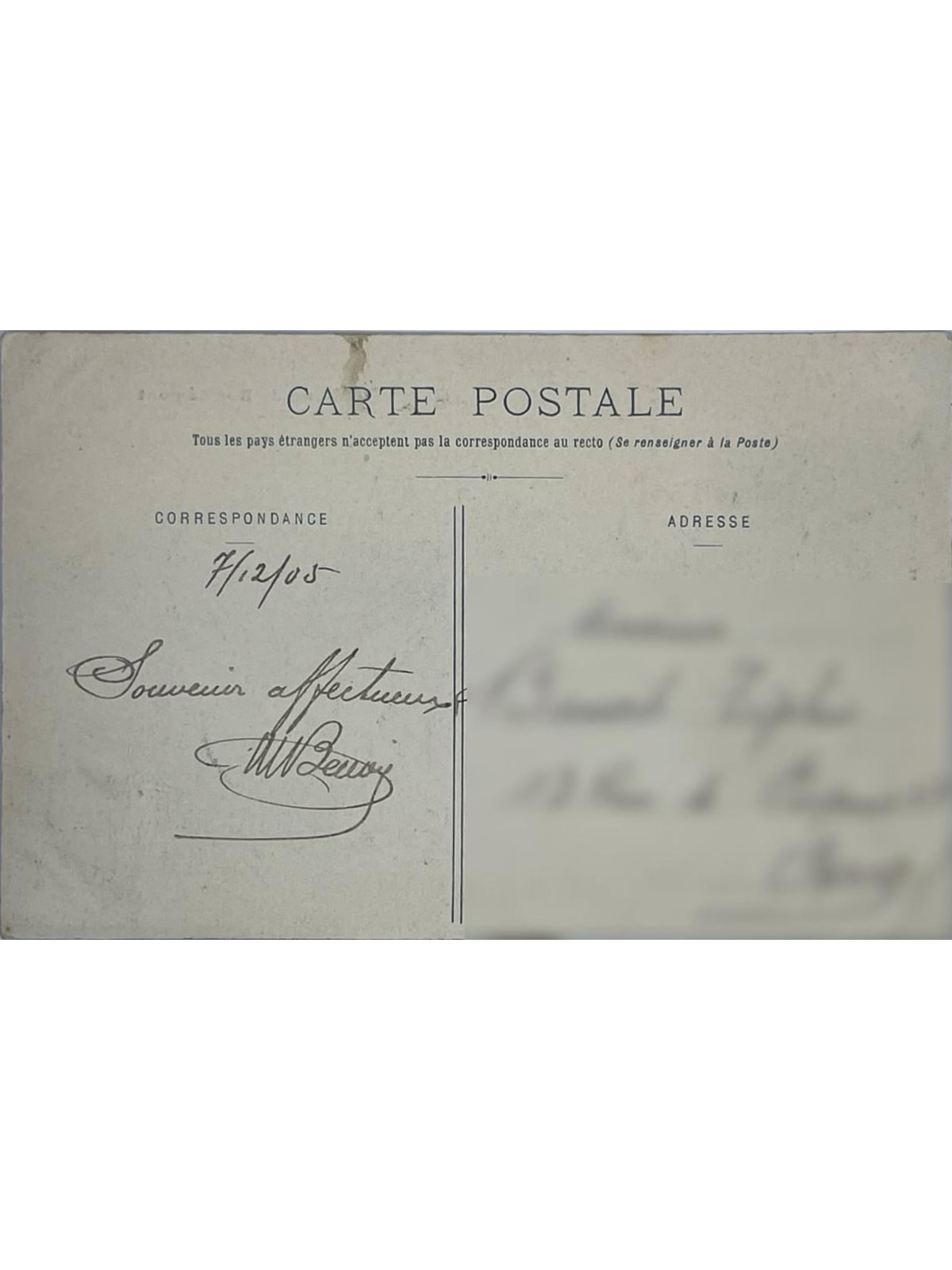Verso de la carte postale
