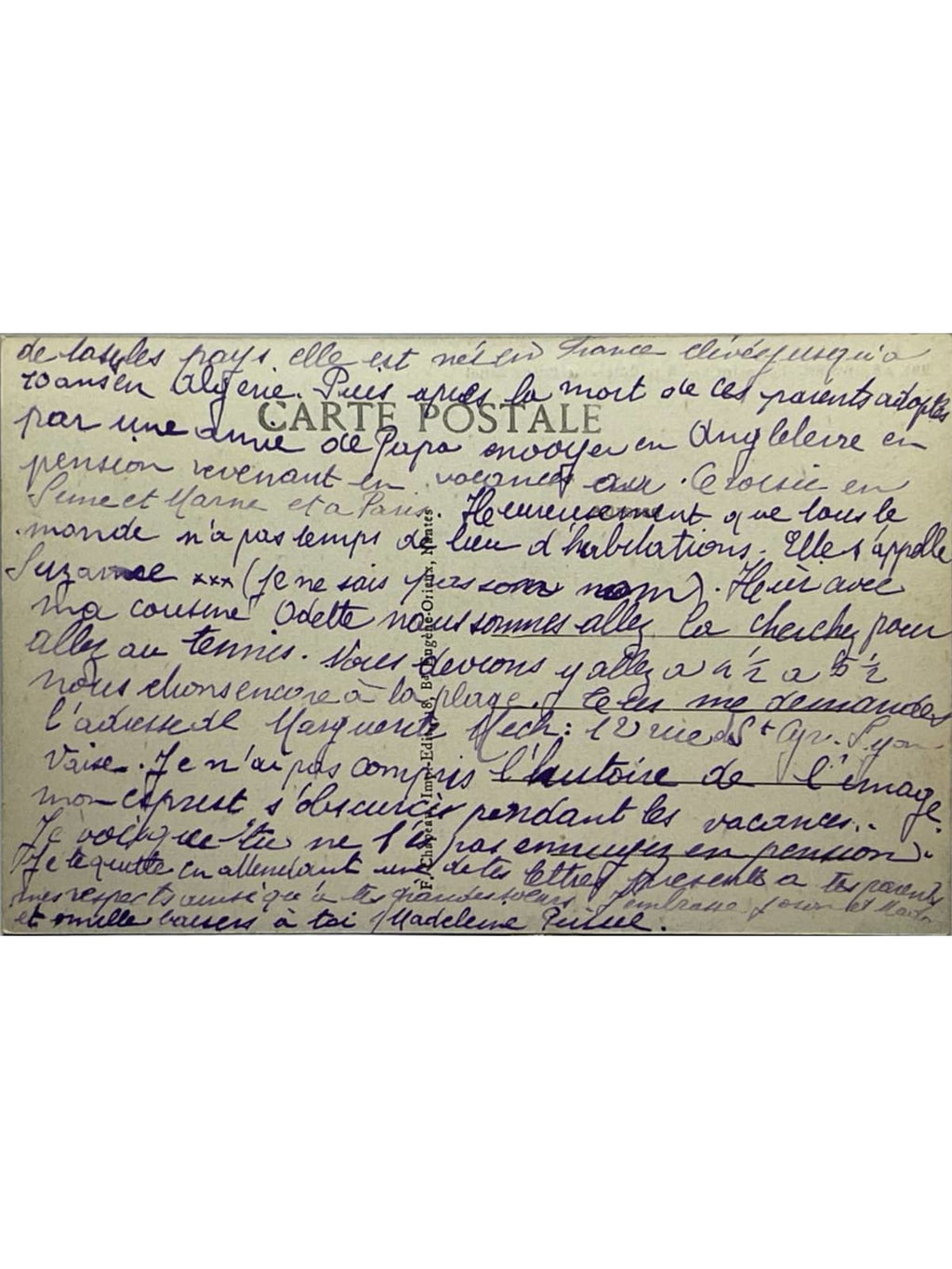 Verso de la carte postale