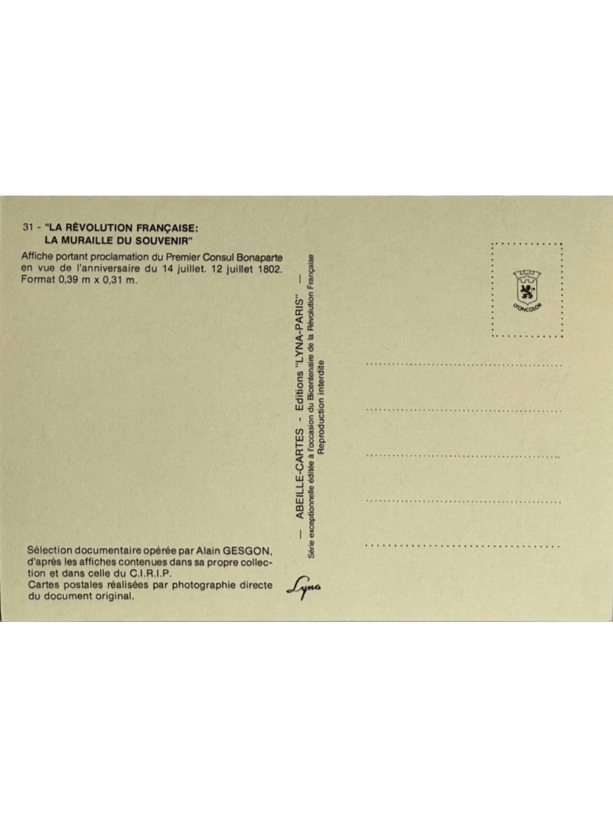 Verso de la carte postale