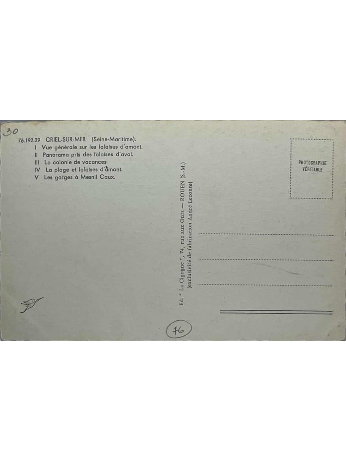 Verso de la carte postale