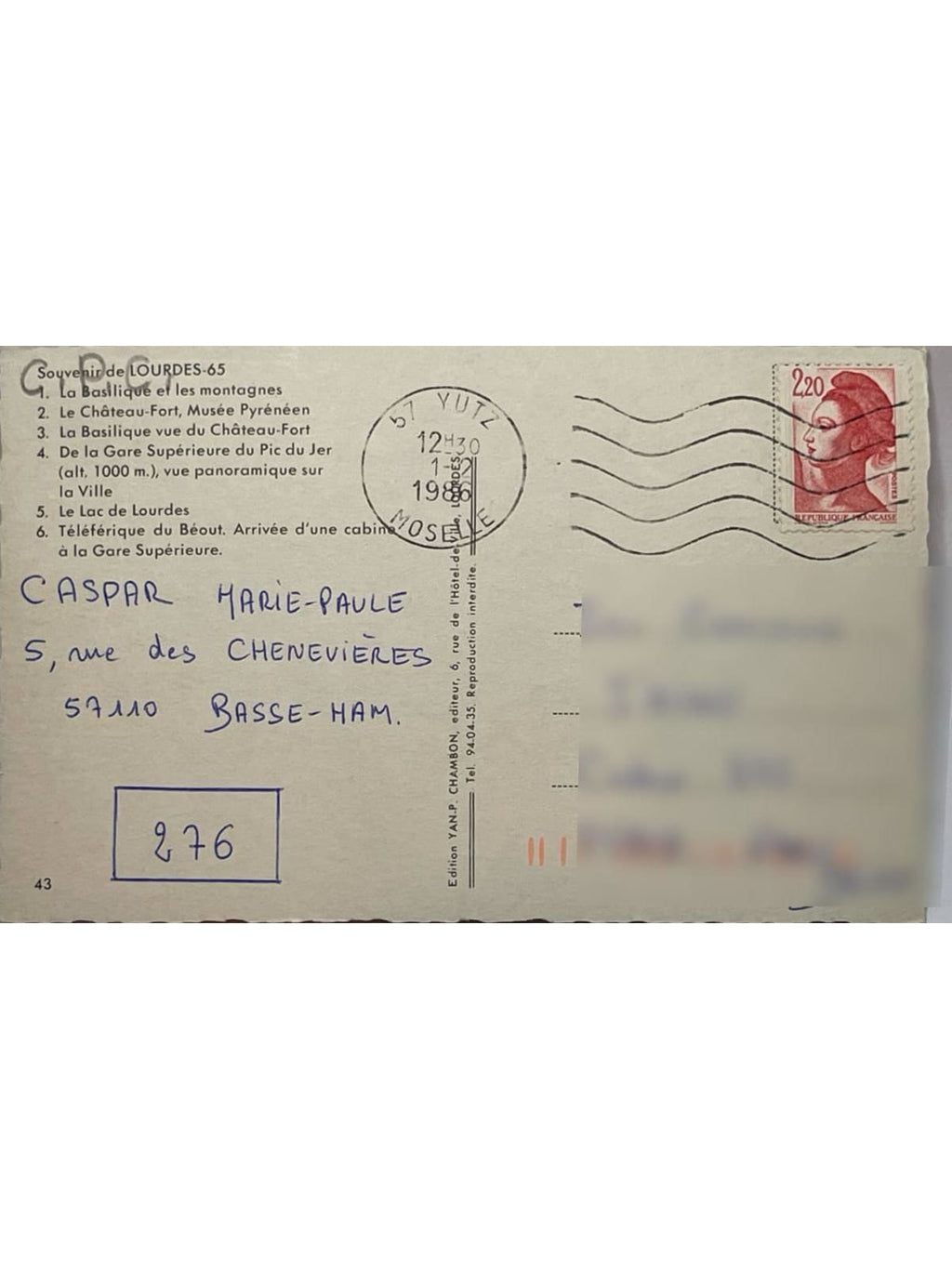 Verso de la carte postale