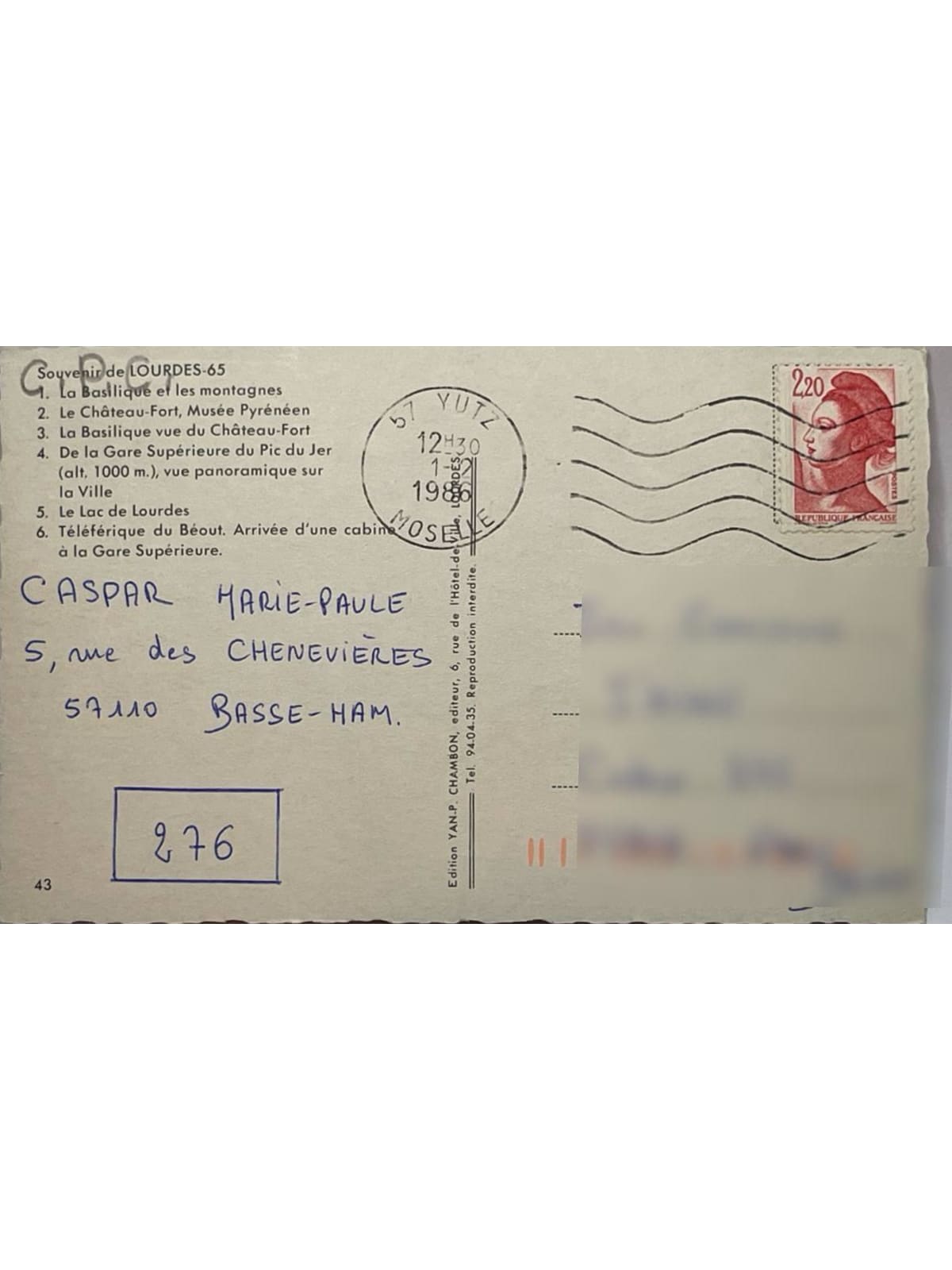 Verso de la carte postale