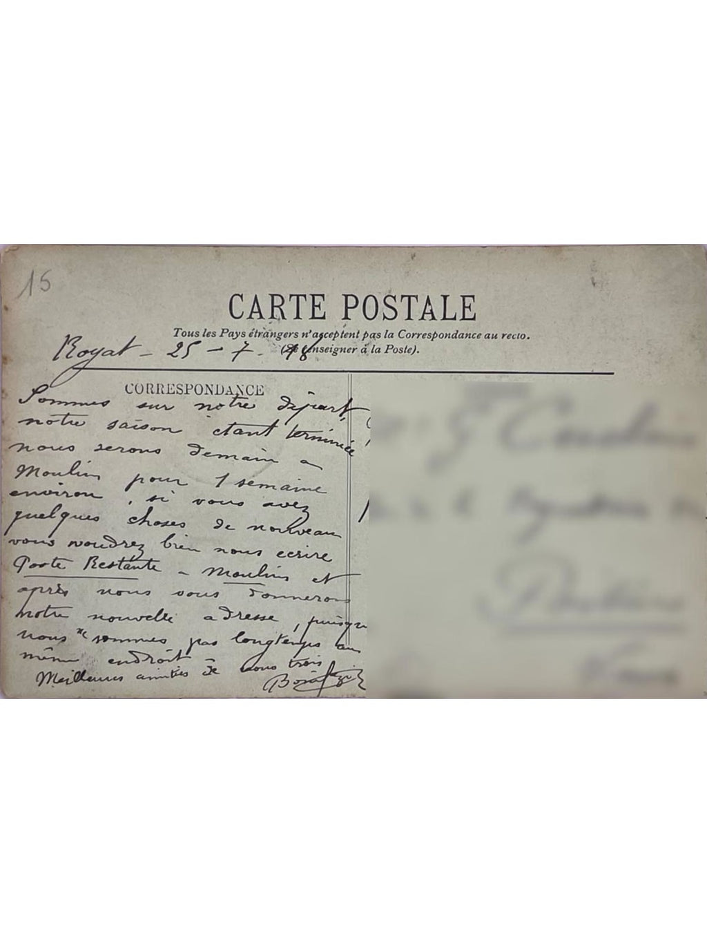 Verso de la carte postale