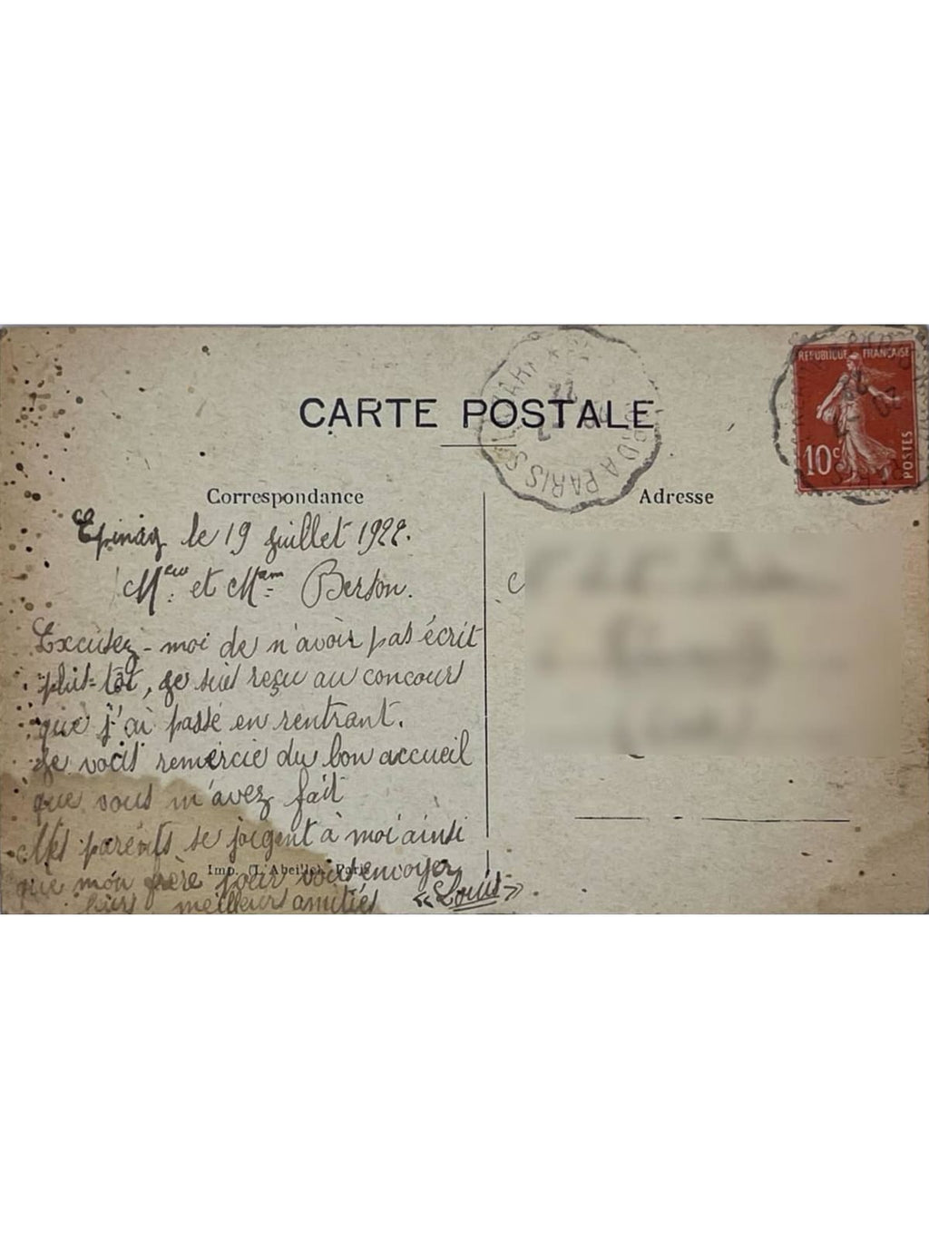 Verso de la carte postale