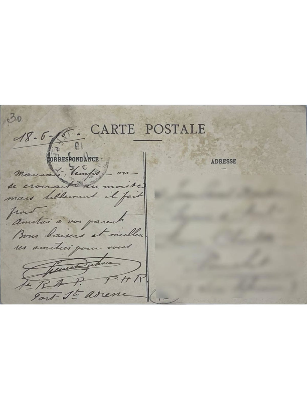 Verso de la carte postale