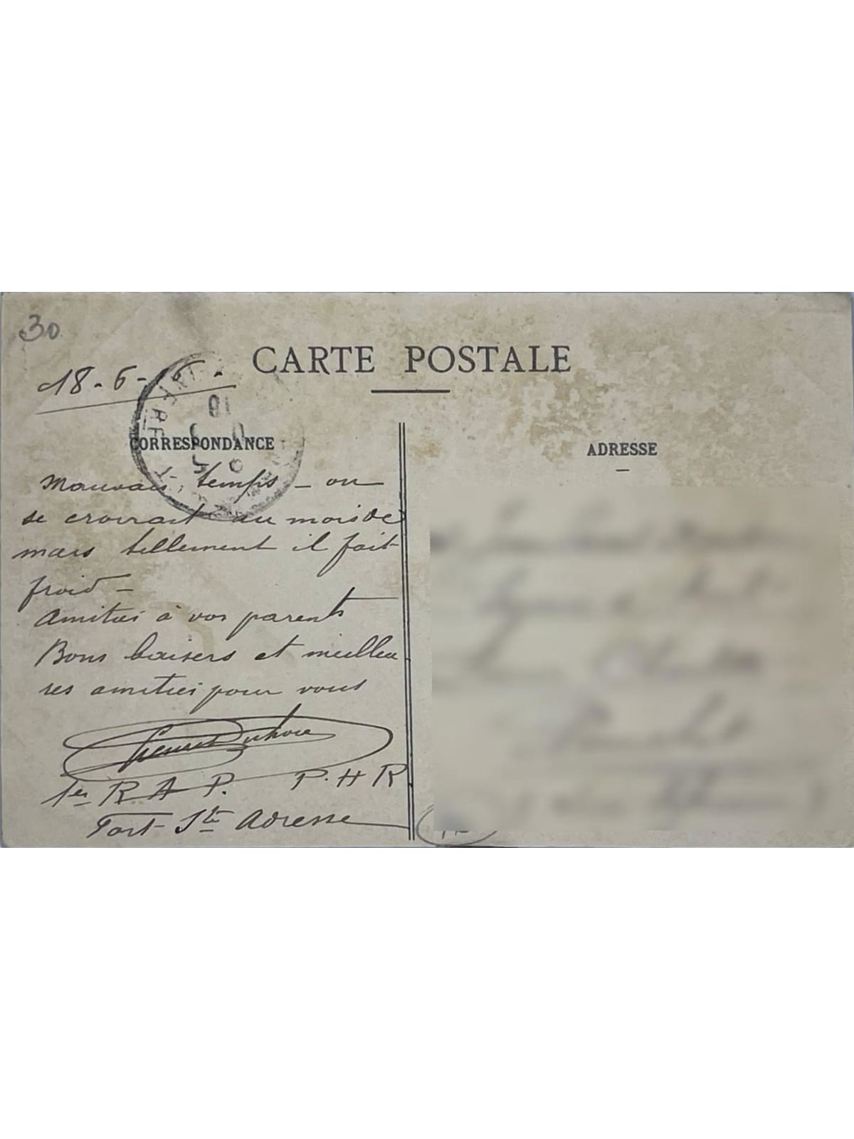 Verso de la carte postale