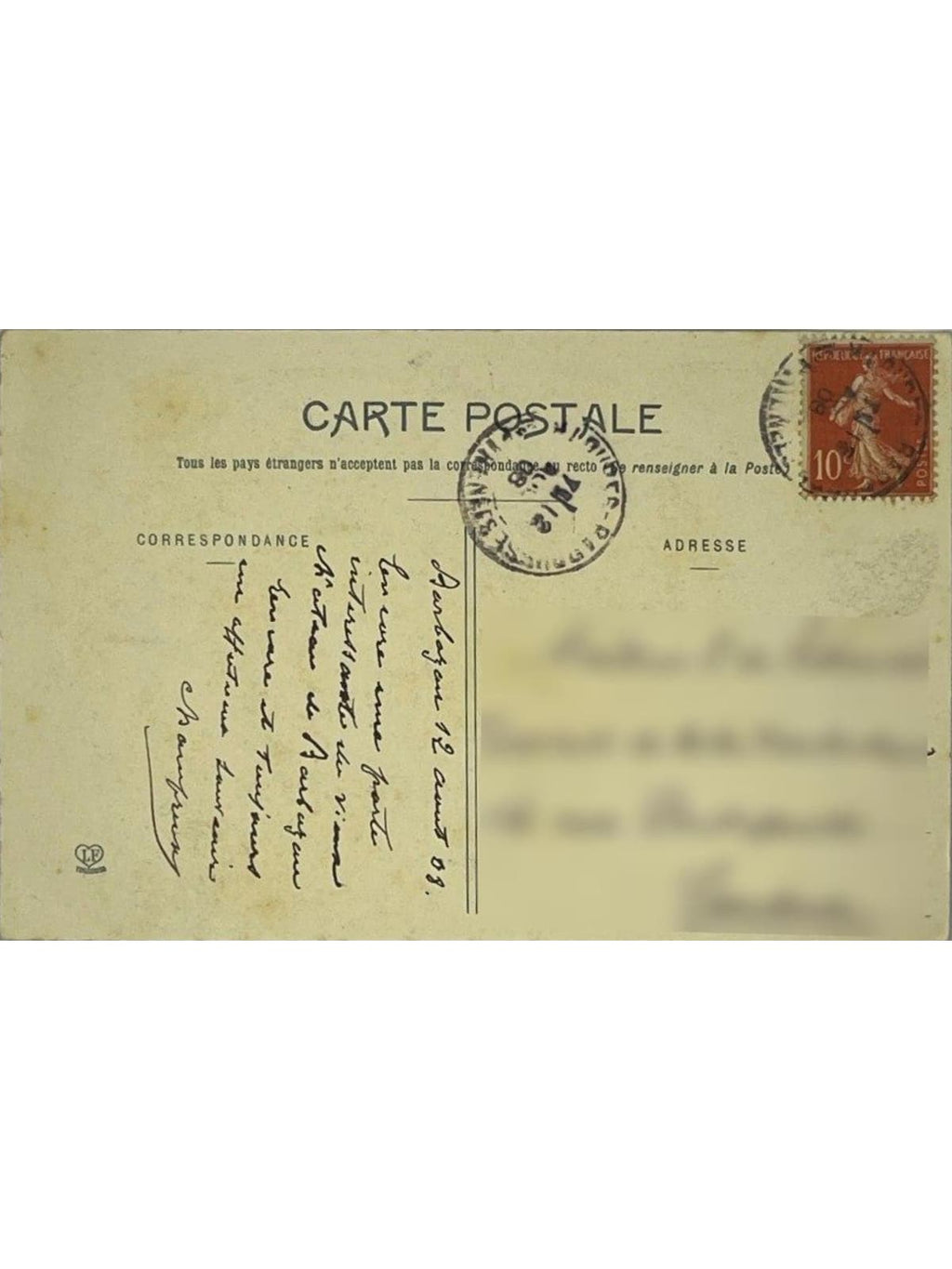Verso de la carte postale