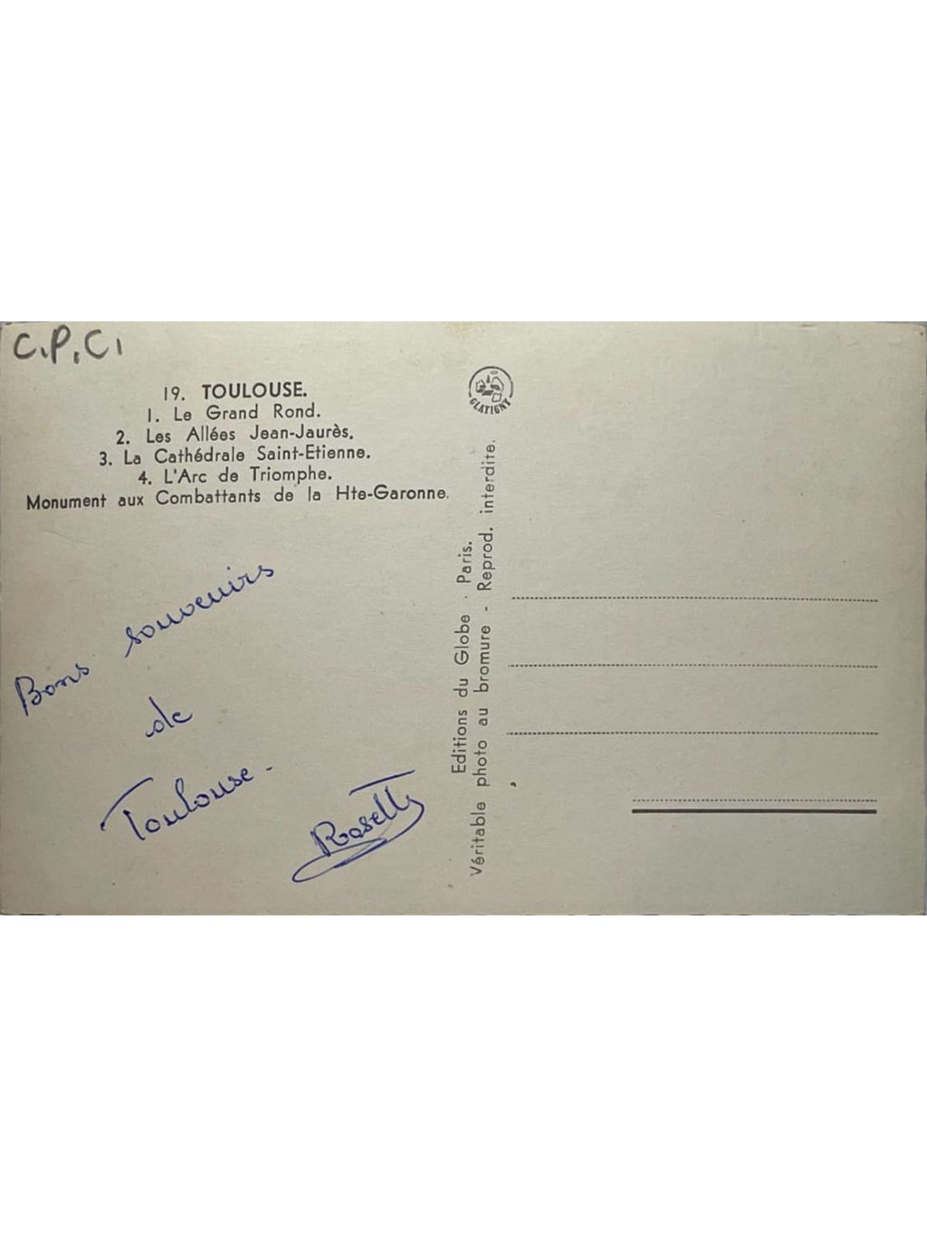 Verso de la carte postale