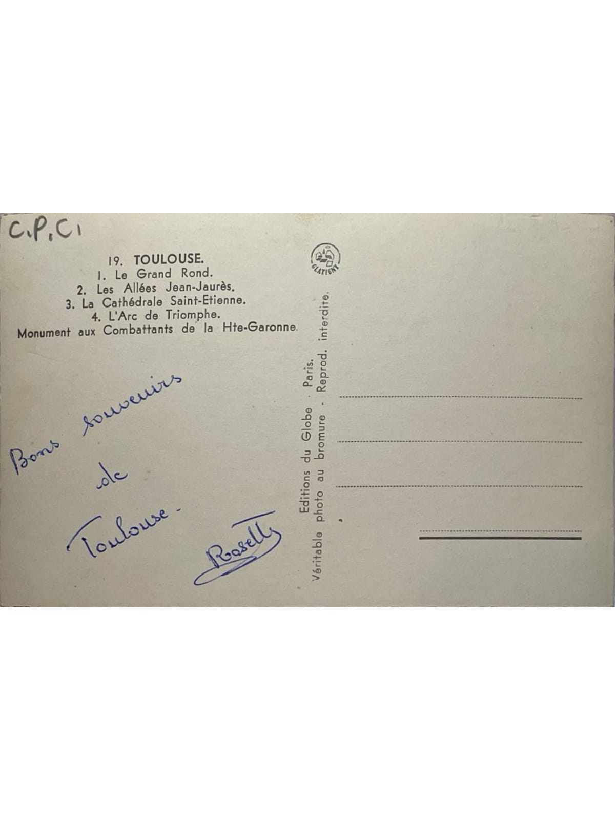 Verso de la carte postale