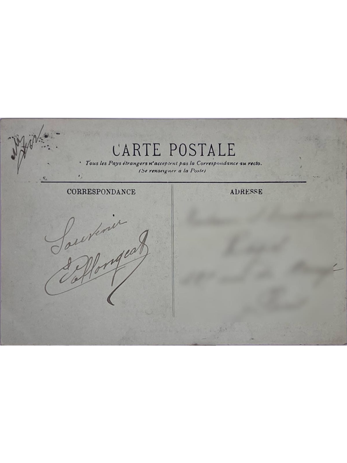 Verso de la carte postale