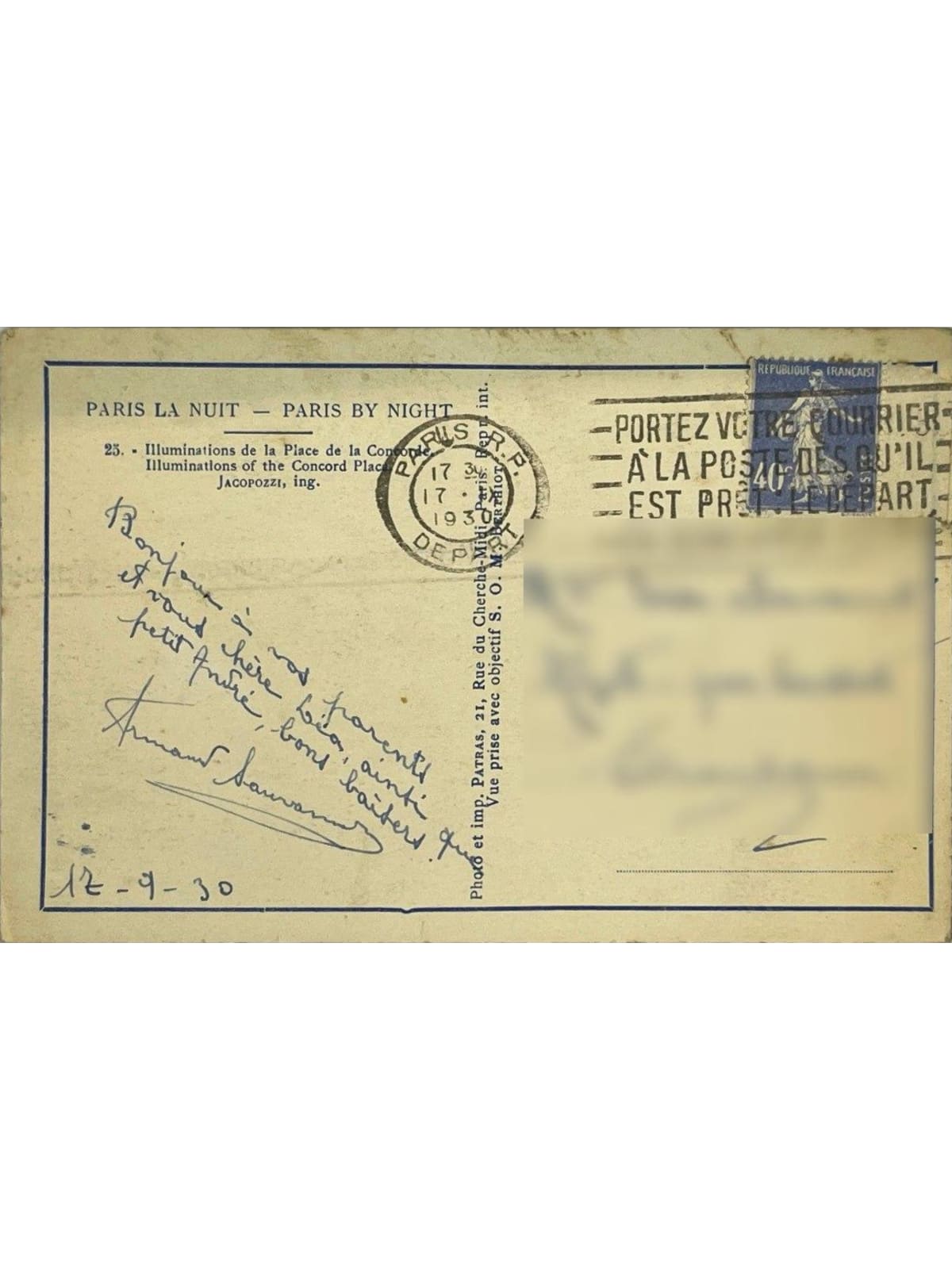 Verso de la carte postale