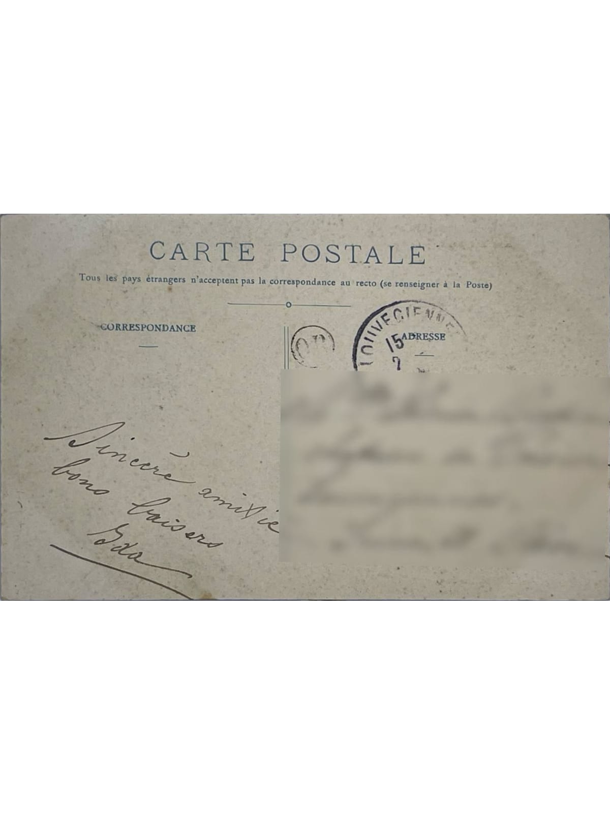 Verso de la carte postale