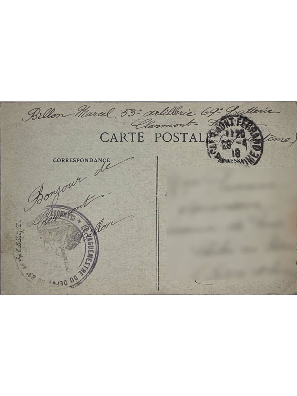 Verso de la carte postale