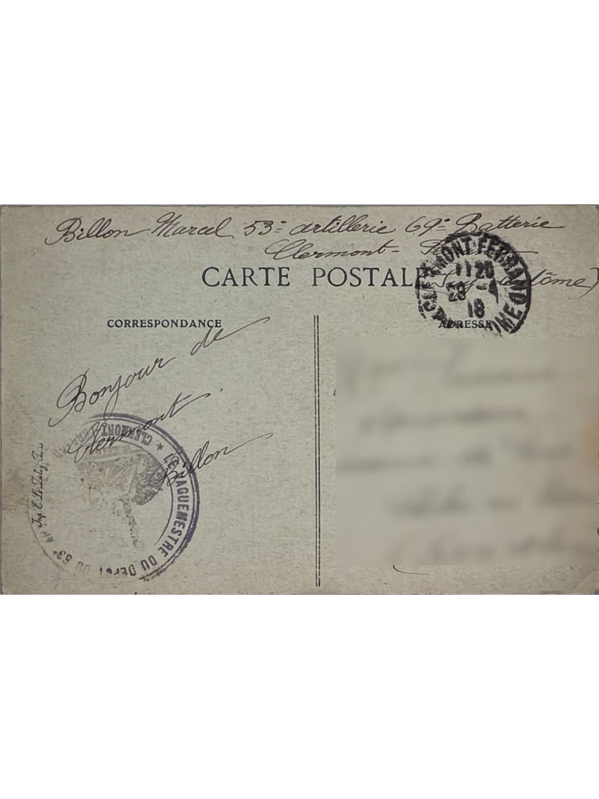 Verso de la carte postale
