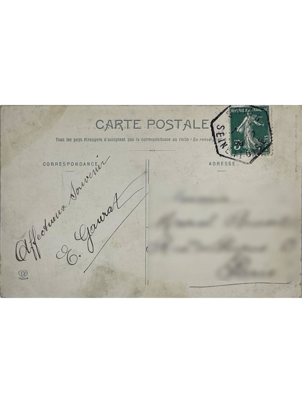 Verso de la carte postale