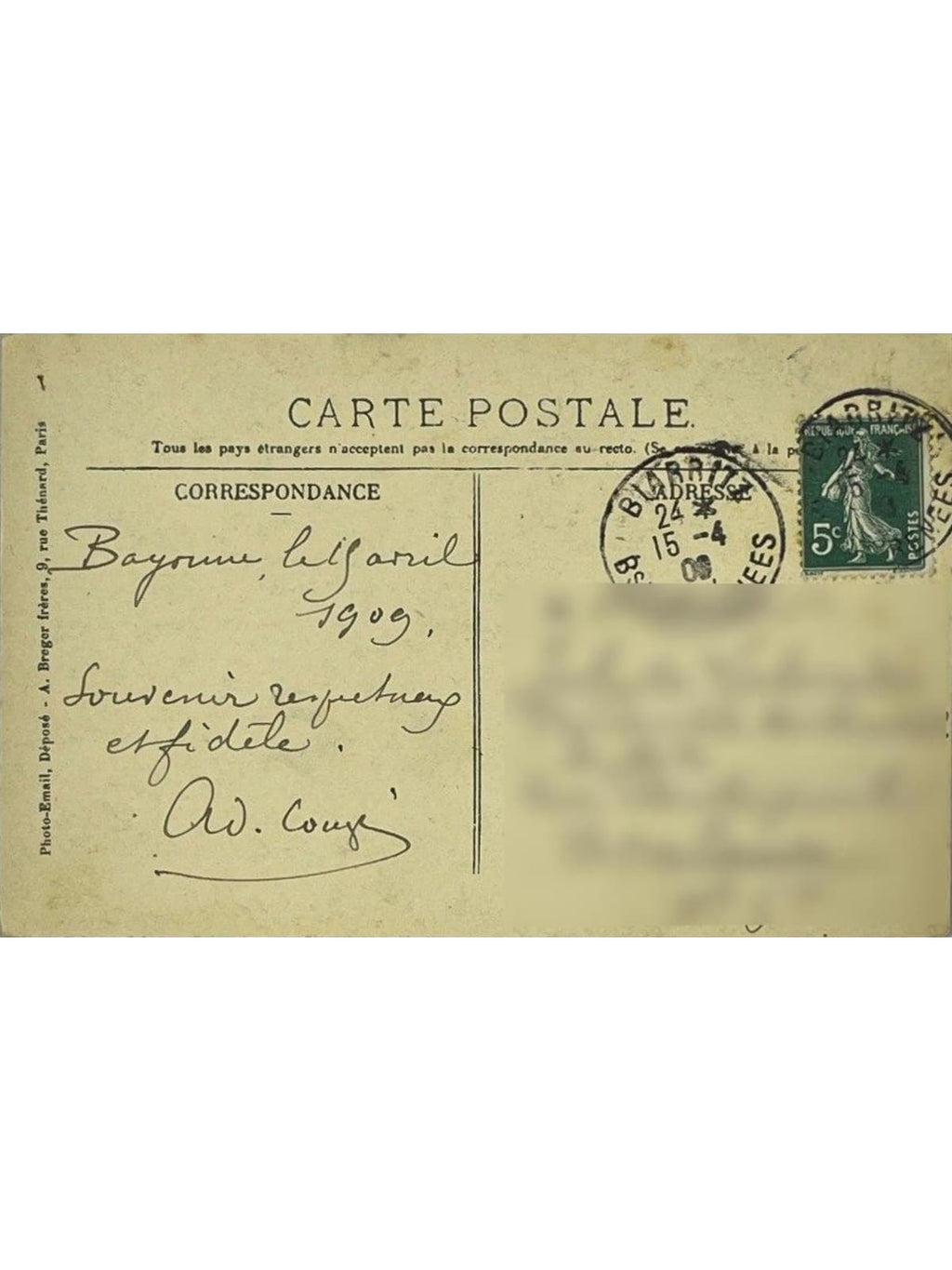 Verso de la carte postale