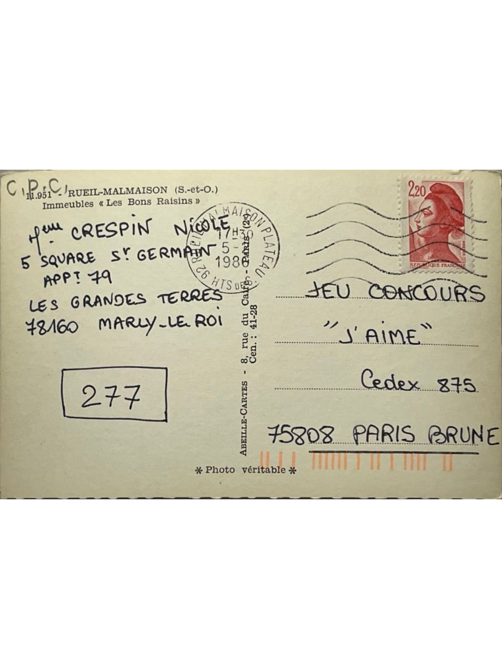 Verso de la carte postale