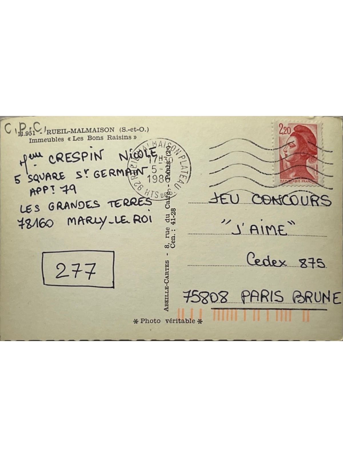 Verso de la carte postale