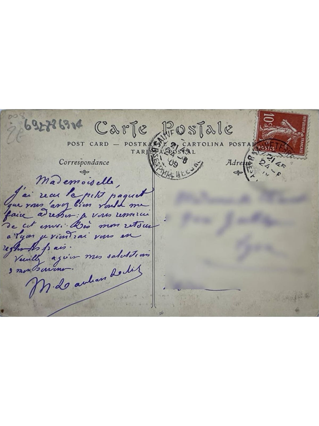 Verso de la carte postale
