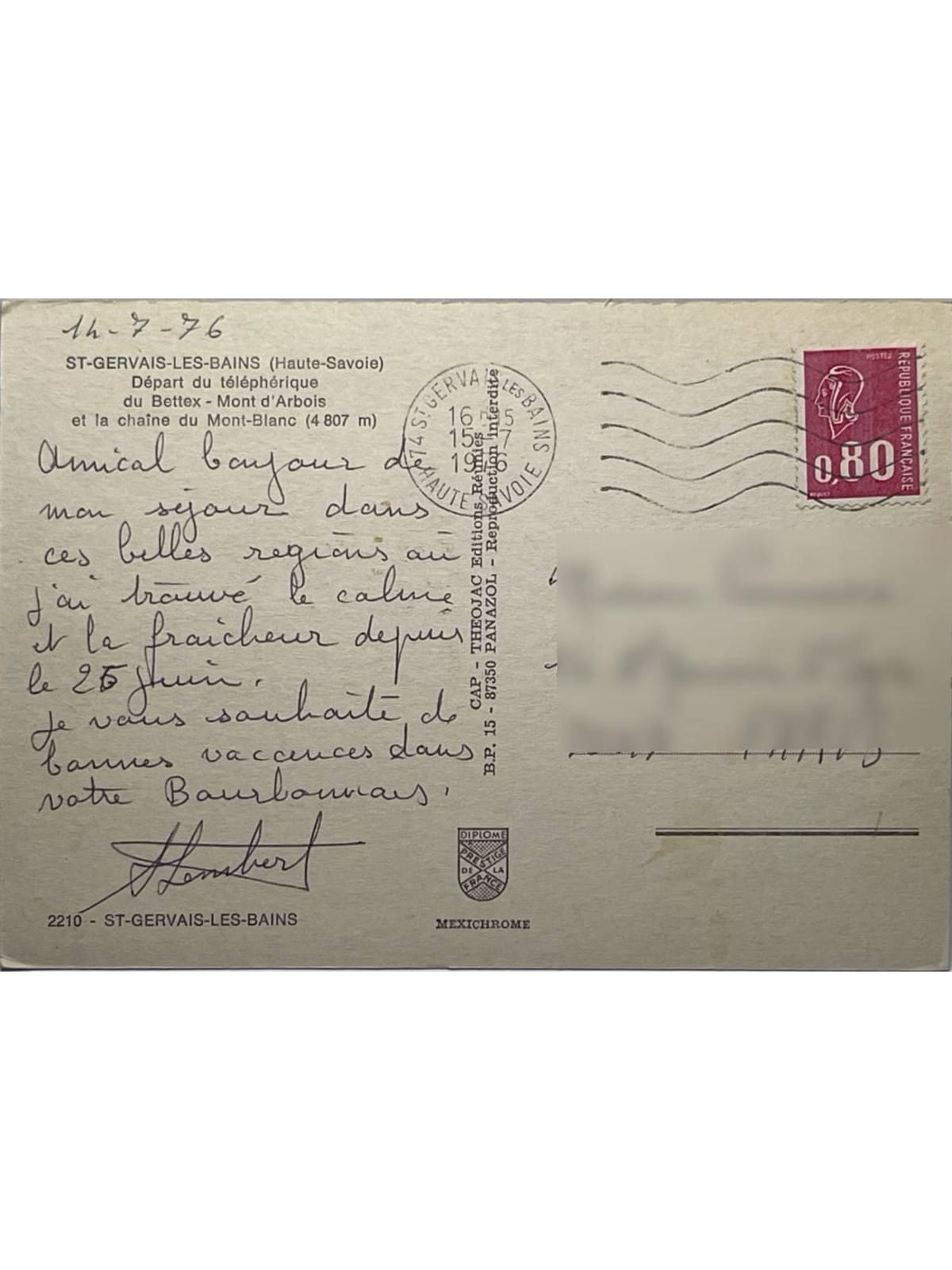 Verso de la carte postale