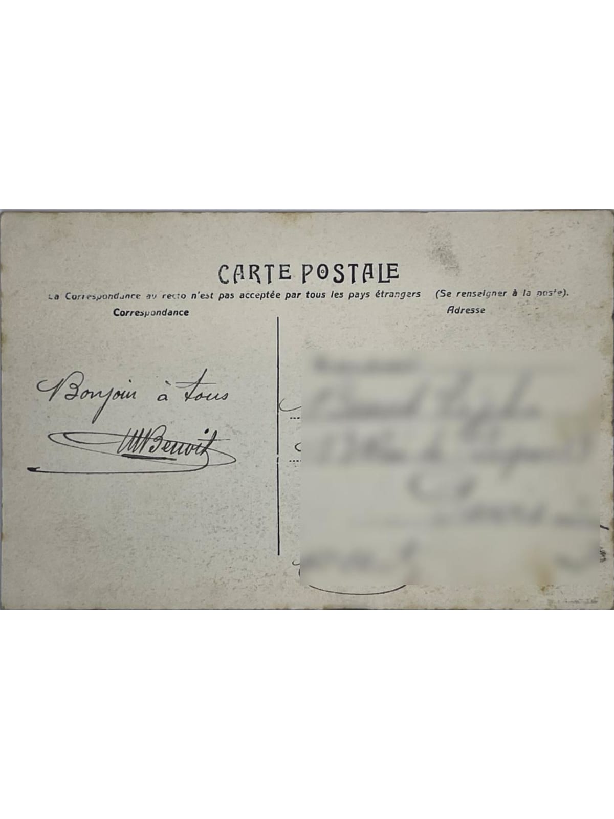 Verso de la carte postale