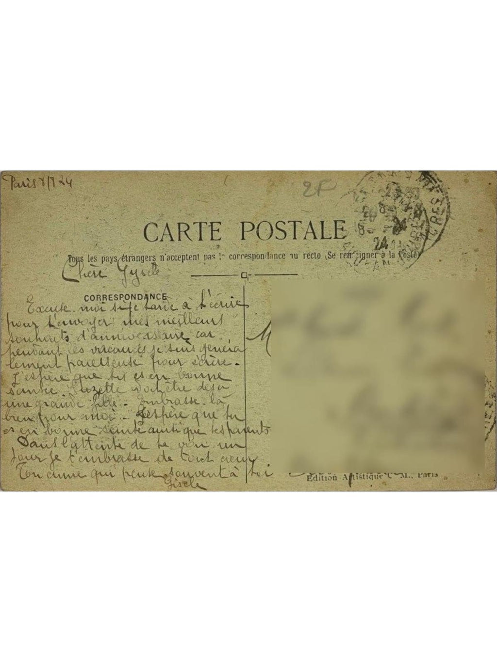 Verso de la carte postale
