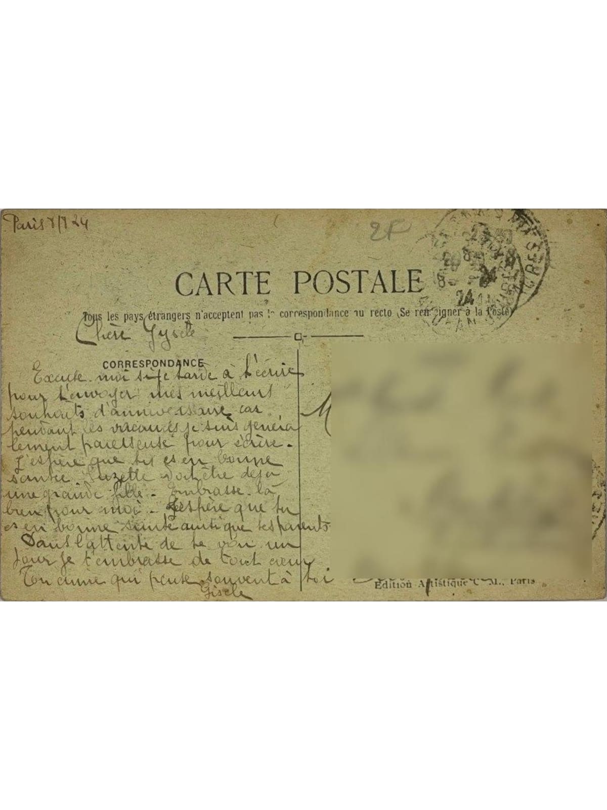 Verso de la carte postale